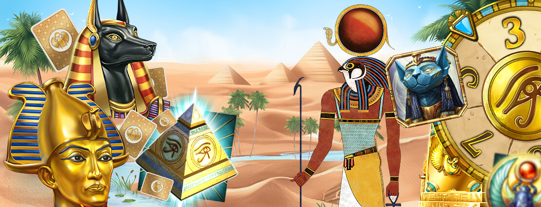 Ägyptische Symbole vor Wüste mit Oase und Pyramide